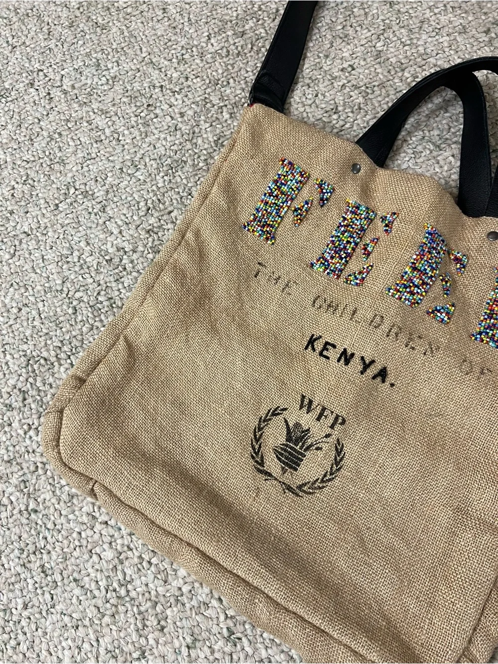 Beaded Lettering Kenya Jute Tote with Black Straps